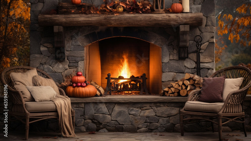 Festive Outdoor Fireplace with Cozy Seating  Thanksgiving background  wide banner with copy space area Generative AI