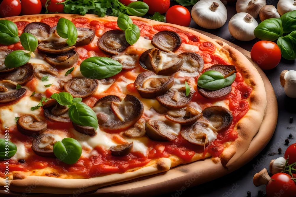 Pizza, mushroom, tasty, cheesy, mozzarella in stretching, colorful, table, a little steam on it - AI Generative