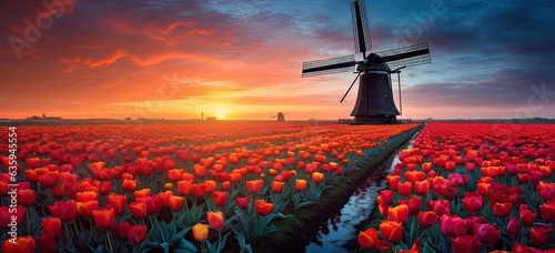 windmill on the red tulips in holland Generative AI photo