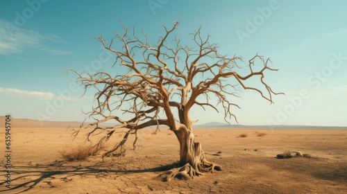 Photo of a solitary tree standing tall in the vast desert landscape