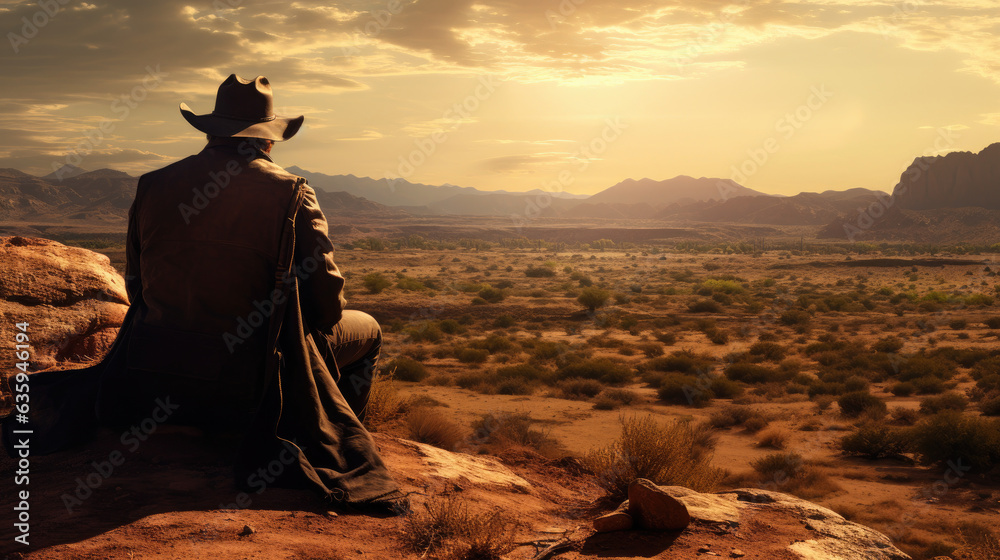 Back view of cowboy is sitting, western movie scene in wild west town. Generative AI - obrazy, fototapety, plakaty 