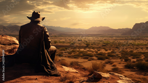Fotografie, Obraz Back view of cowboy is sitting, western movie scene in wild west town