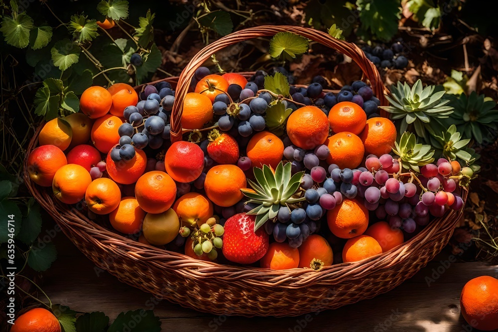 rustic straw basket with freshly picked fruit placed in a garden - AI Generative rustic straw basket with freshly picked fruit placed in a garden - AI Generative