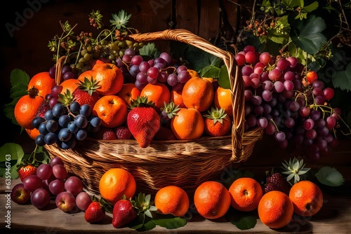 rustic straw basket with freshly picked fruit placed in a garden - AI Generative