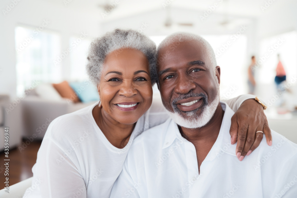 Portrait of a happy, smiling black senior couple at family gathering indoors Portrait of a happy, smiling black senior couple at family gathering indoors