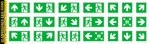 Leinwand Poster Full set of 22 isolated Emergency exit symbols on green rectangle board