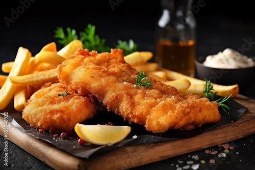 Fried fish and french fries on black stone background