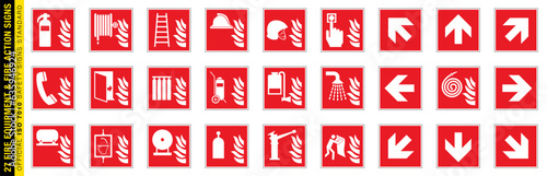 Photo Full set of 27 isolated Fire equipment and Fire action signs on red board