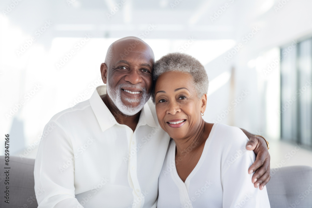 Portrait of a happy, smiling black senior couple at family gathering indoors Portrait of a happy, smiling black senior couple at family gathering indoors