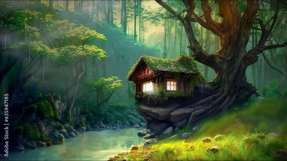 Tree house in a forest with a river in the rain, 4k quality looped video