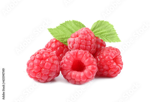 Many fresh ripe raspberries and green leaves isolated on white