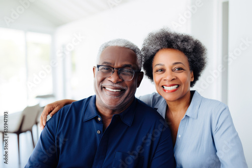 Portrait of a happy, smiling black senior couple at family gathering indoors