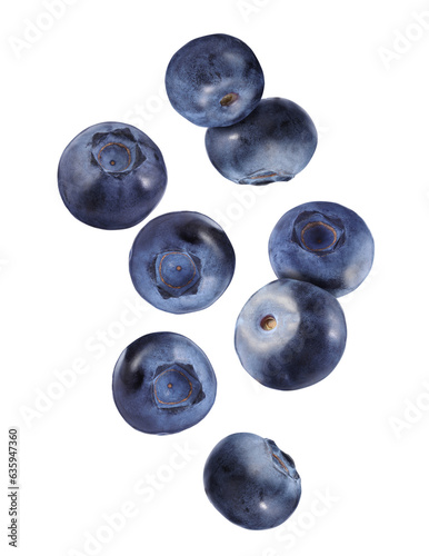 Many ripe blueberries falling on white background