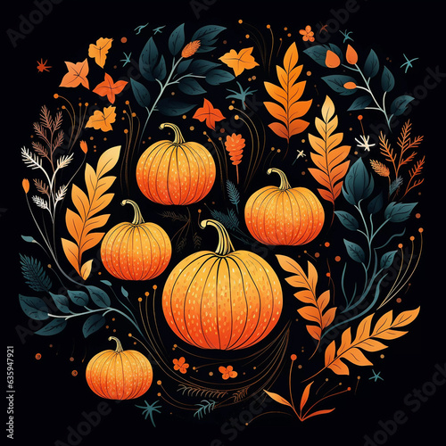 autumn leaves with pumpkins on a dark background. Perfect for textile, wedding, greeting card, pattern, texture and more