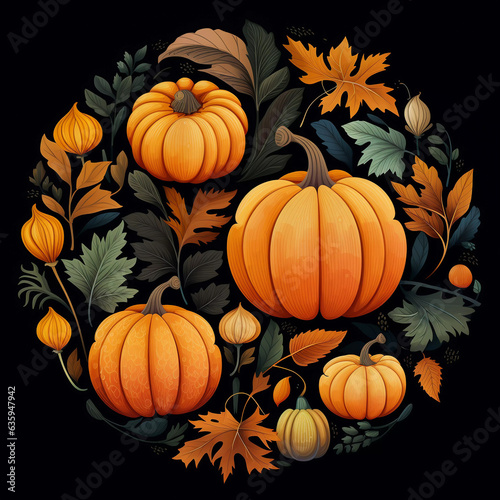 autumn leaves with pumpkins on a dark background. Perfect for textile  wedding  greeting card  pattern  texture and more