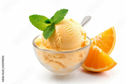 Orange ice cream with orange fruit isolated on white background