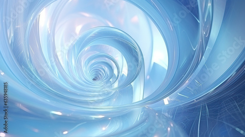 A futuristic tunnel with a swirling design, rendered in a translucent blue material with reflective surfaces. Depth and infinity, suggesting advanced technology or a sci-fi environment