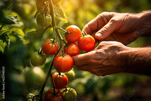 Male hand picking fresh ripe red tomatoes on a branch in a greenhouse, generative ai