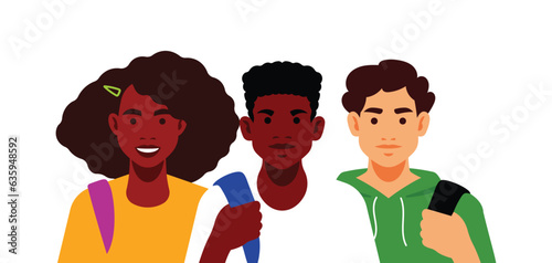 Classmates. Diversity children are standing together. Teenage kids, smile, casual clothes, with backpacks, front view. Colorful modern vector illustration.