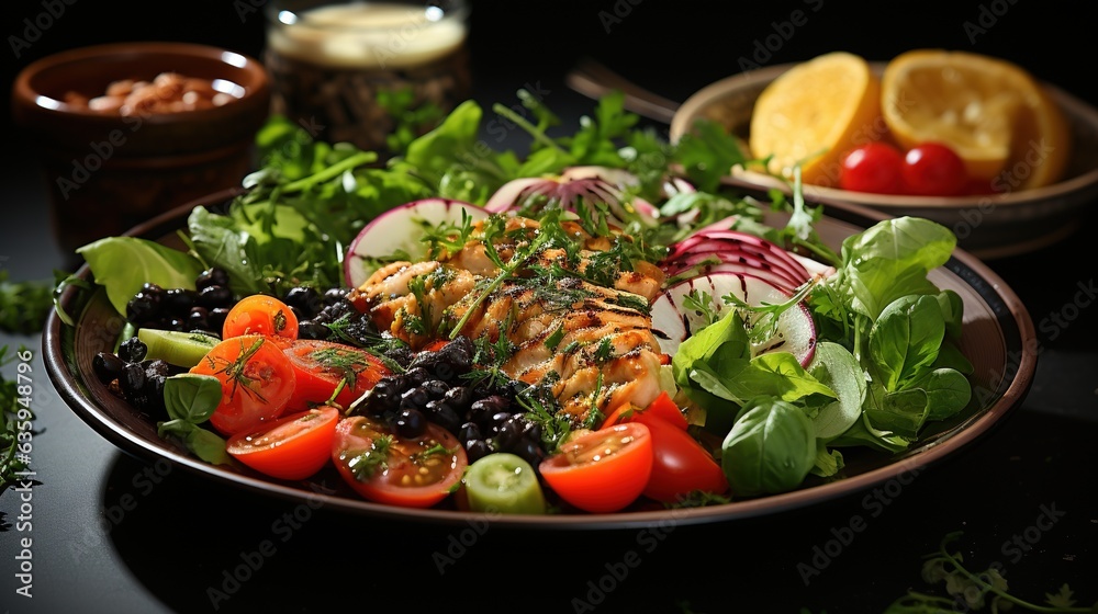  a plate of salad with tomatoes, olives, lettuce, and other vegetables.  generative ai