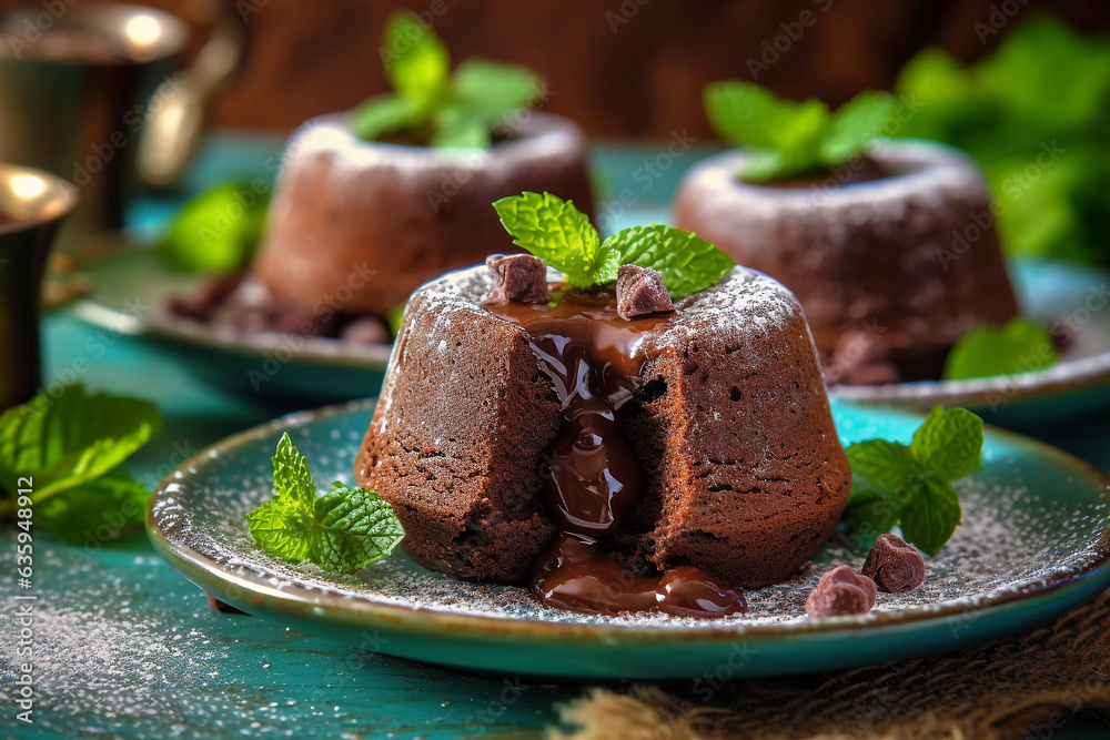 Chocolate lava cake with mint leaf on the table - obrazy, fototapety, plakaty 