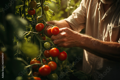 Male hand picking fresh ripe red tomatoes on a branch in a greenhouse, generative ai