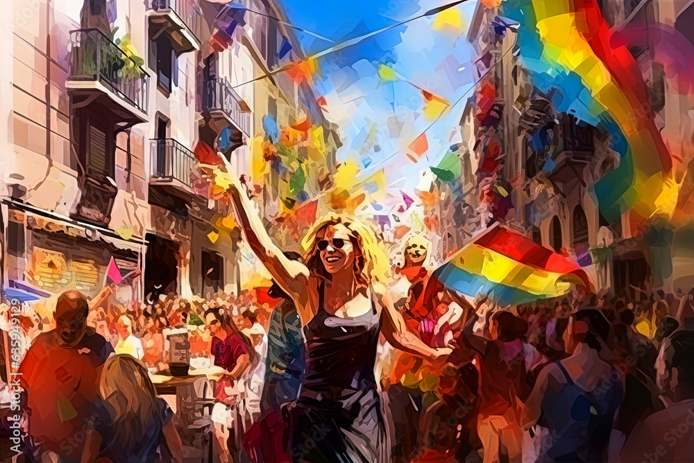 Generative AI illustration of gay and lesbian pride street celebration with rainbow flag