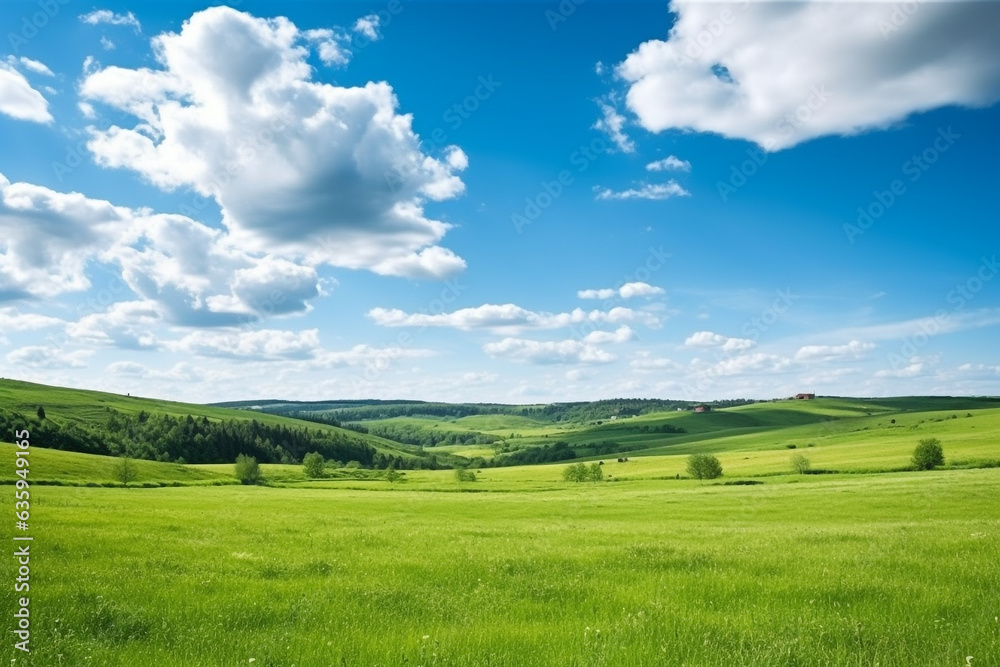 Green meadows on hill with blue sky