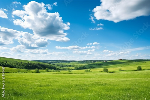 Green meadows on hill with blue sky