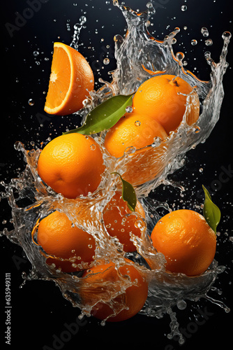 Fresh Oranges with Splashing Water on Dark Background