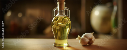 garlic oil in glass of bottle on wooden table 