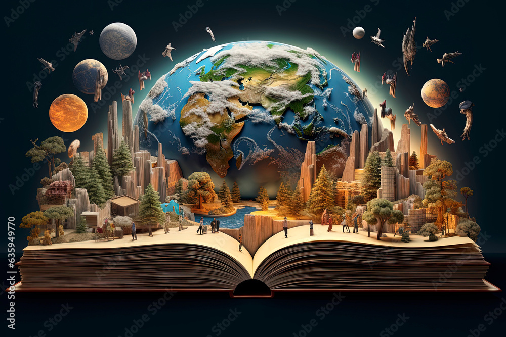 Obraz premium Generative AI book illustration with planet earth, green plants and sustainable forest