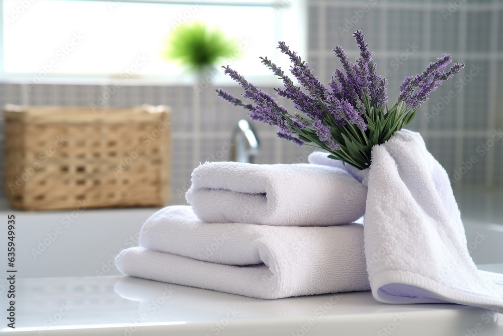 White towels with dry lavender flower in a bathroom