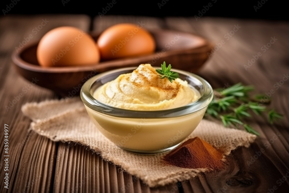 Mayonnaise in wooden bowl with eggs on old wooden background Mayonnaise in wooden bowl with eggs on old wooden background
