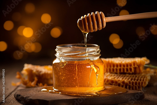 Honey with honeycomp on wooden background photo