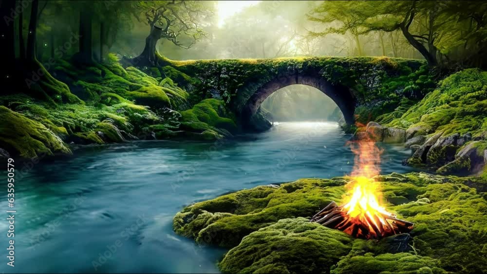 Bonfire by the river with old mossy bridge, 4k quality looping video