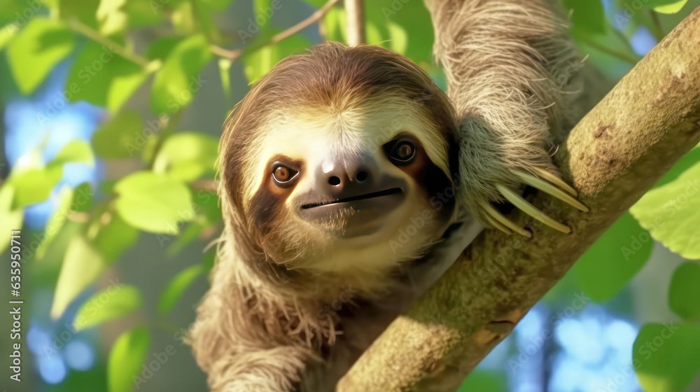A cute sloth hanging on tree branch. A cute sloth hanging on tree branch.