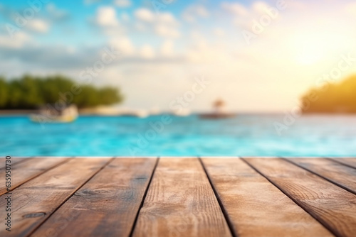 Wood table top on sea water background