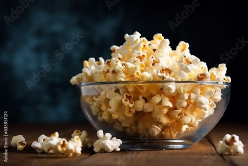 Popcorn in the glass bowl on old wooden background