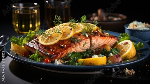  a plate of salmon with lemons, parsley, and other vegetables. generative ai