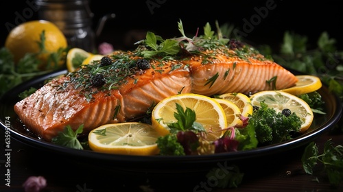  a plate of salmon with lemons, parsley, and lemon wedges. generative ai
