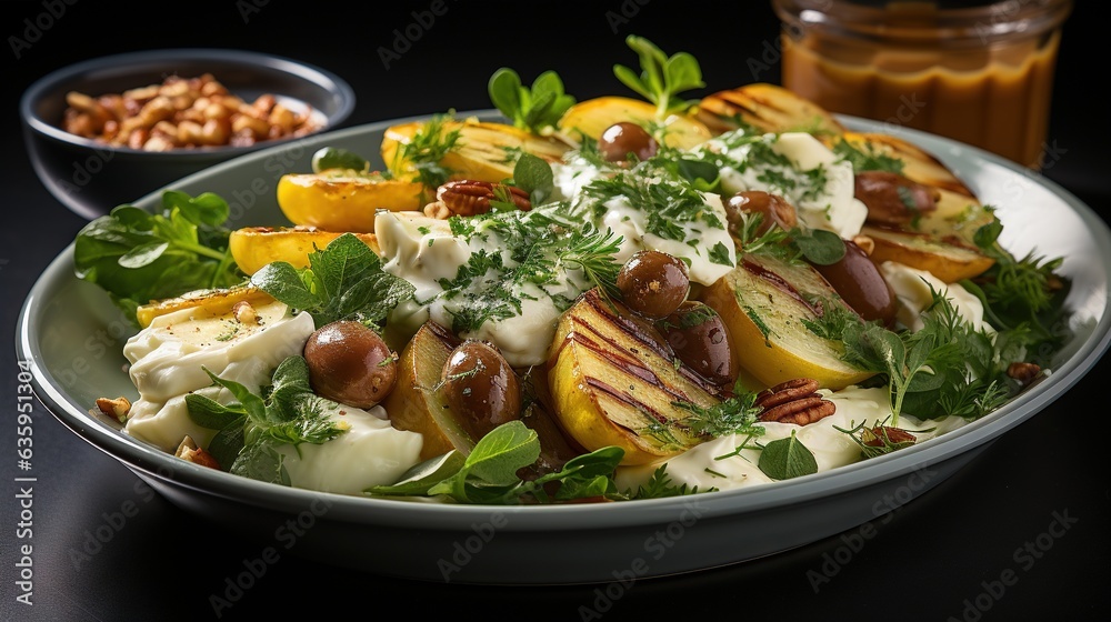  a plate of food that includes potatoes, cheese and nuts.  generative ai