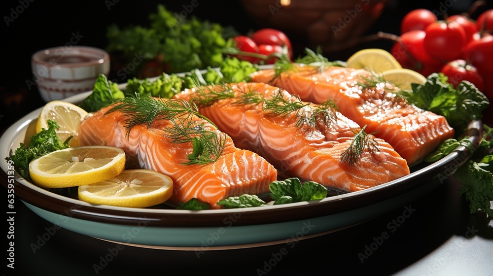a plate of salmon with lemons, tomatoes, and parsley. generative ai a plate of salmon with lemons, tomatoes, and parsley. generative ai