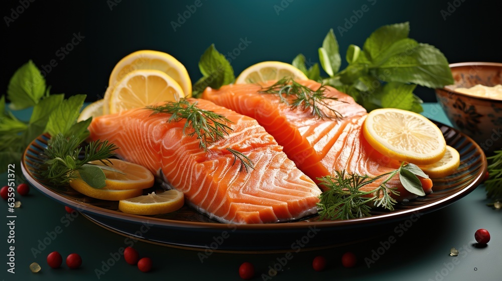 a plate of salmon with lemons, lemons, and herbs. generative ai a plate of salmon with lemons, lemons, and herbs. generative ai