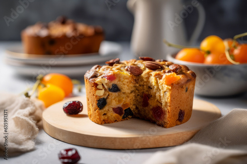 Sliced Eggless fruit cake on wooden board. Horizontal, close-up, side view photo