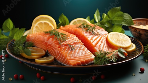 a plate of salmon with lemons, lemons, and herbs. generative ai