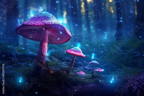 Fantasy mushroom glow in the forest and rainny