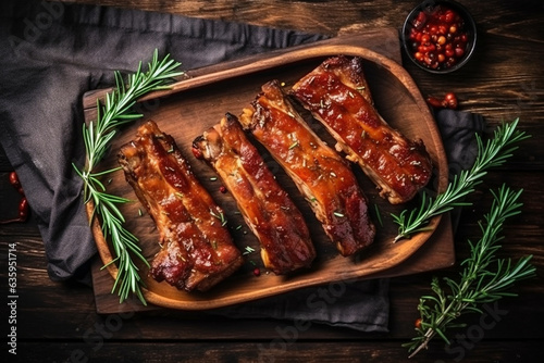 Fresh grilled pork with rosemary on a wooden background
