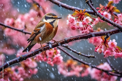 Bird on sakura branch with rainy © Inlovehem