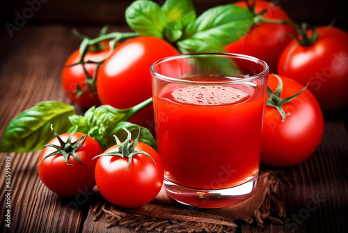 Fresh tomato juice with tomatoes on wooden background